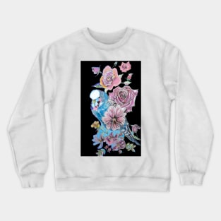 Budgie Watercolor Blue and Roses Painting on Black Crewneck Sweatshirt